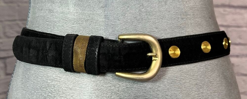 Unique Retro Glam/Mobwife/Y2K Black Suede Belt with Gold Rivets